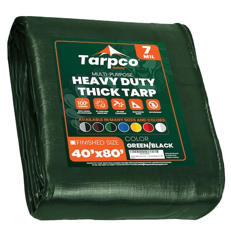 Tarpco Safety Heavy Duty Tarp, 80 ft L x 0.5 mm H x 40 ft W, 7 Mil, Green/Black, Polyethylene TS-203-40X80